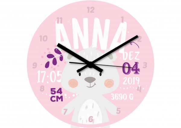 Uhr zur Geburt - Anna - Personalisierbar - Rosa-Lila