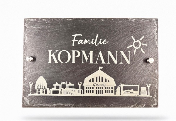 Grömitz-Schild Skyline | Personalisiert | Schiefer | Inkl. Halter-Copy
