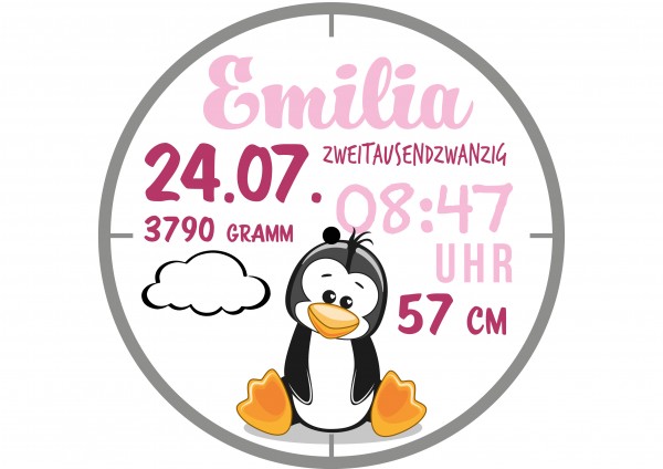 Uhr zur Geburt - Pinguin Emilia - Rosa - Personalisierbar