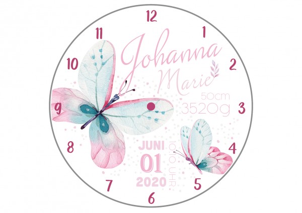 Uhr zur Geburt - Schmetterling Johanna - Personalisierbar