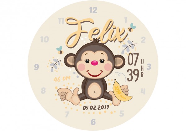 Uhr zur Geburt - Affe Felix - Personalisierbar