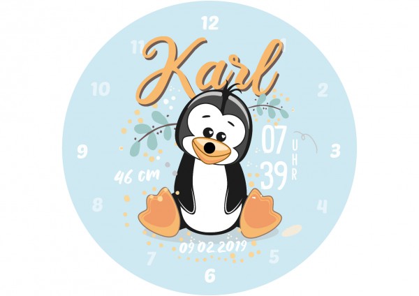 Uhr zur Geburt - Pinguine Karl - Personalisierbar