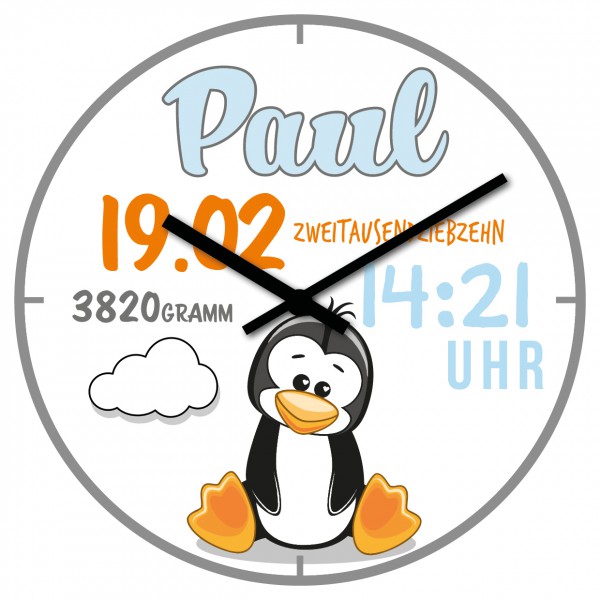 Uhr zur Geburt Pinguin