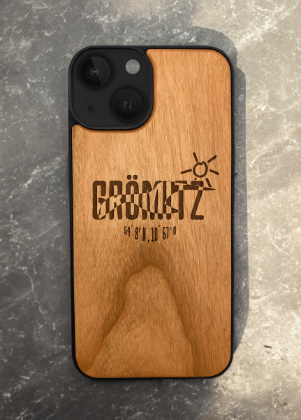 IPhone Hülle aus Holz mit Gravur Groemitz Möwe - Kirsche